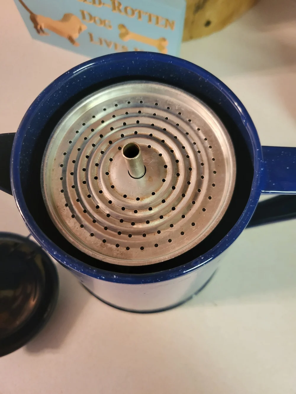 Vintage Blue Speckled Enamelware Metal Coffee Pot Percolator Camp Rustic Farm